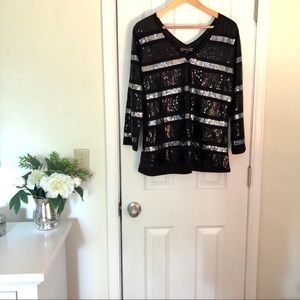Silver & black sequin striped v-neck top